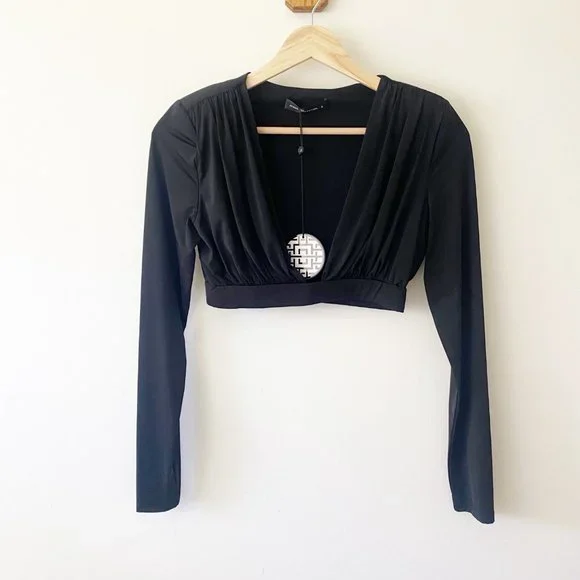 NWT Misha Collection Regina Black Deep V Crop Top - Picture 2 of 10
